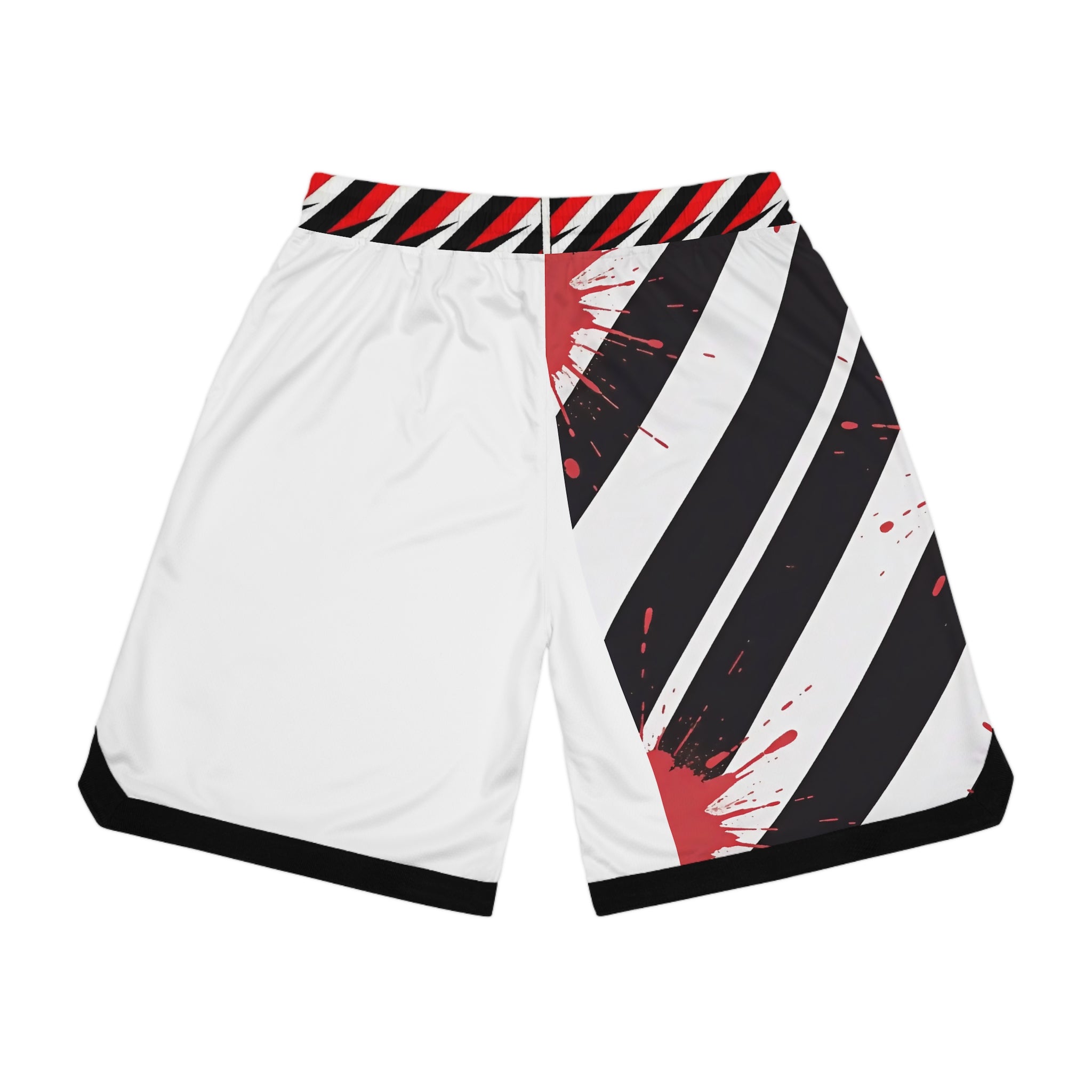 Basketball Shorts — Black & White Diagonal Stripe with Red Paint Splat Design