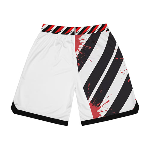 Basketball Shorts — Black & White Diagonal Stripe with Red Paint Splat Design