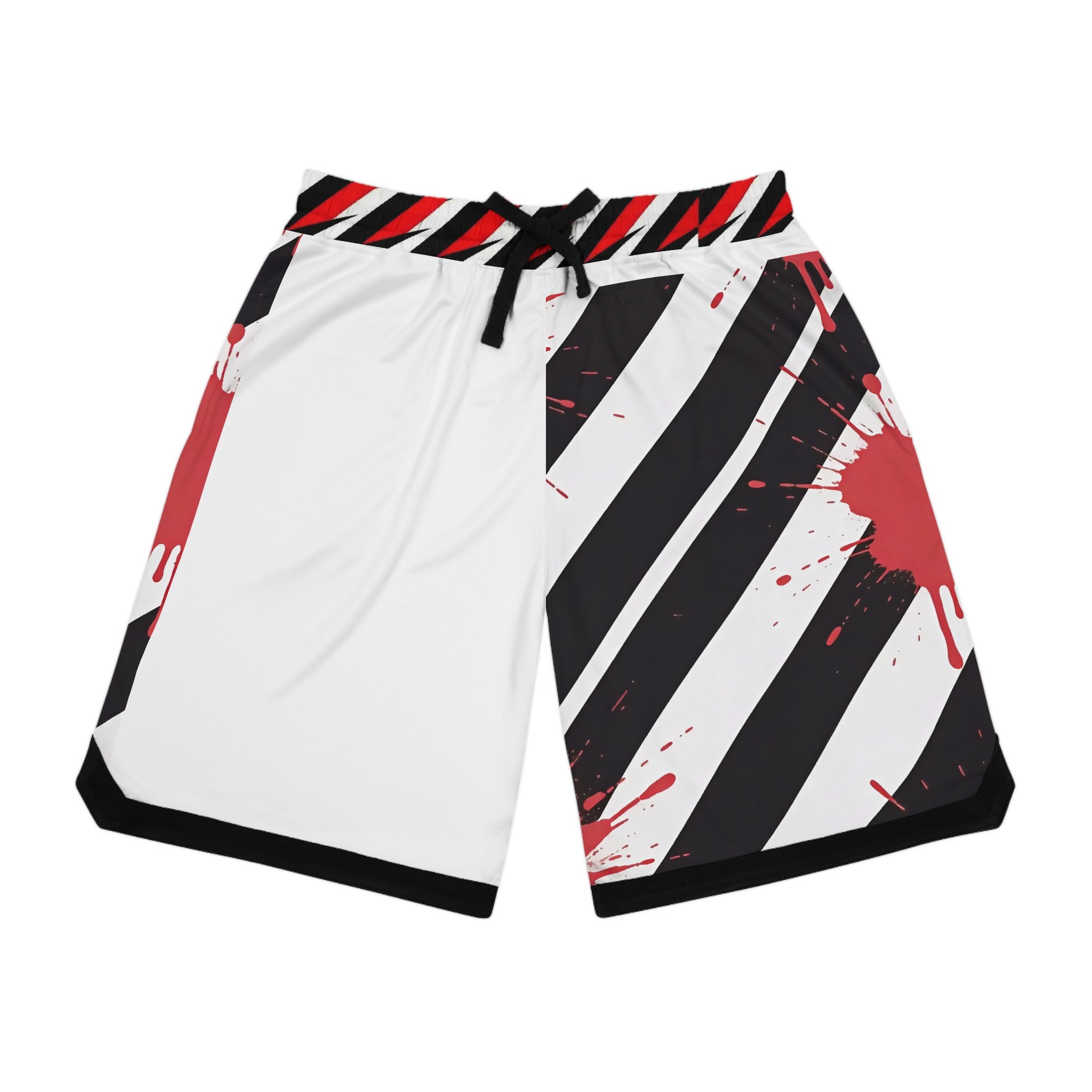 Basketball Shorts — Black & White Diagonal Stripe with Red Paint Splat Design