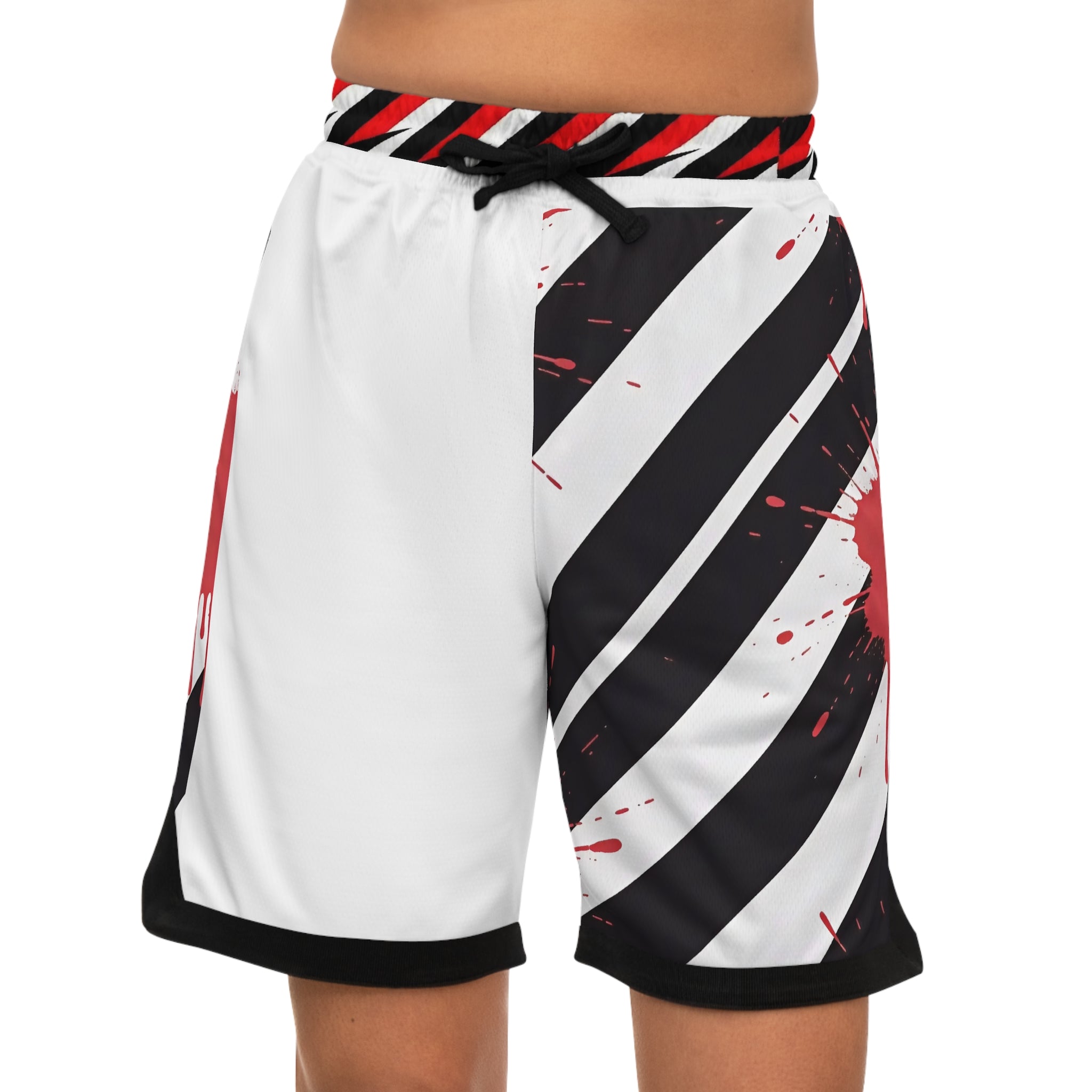 Basketball Shorts — Black & White Diagonal Stripe with Red Paint Splat Design